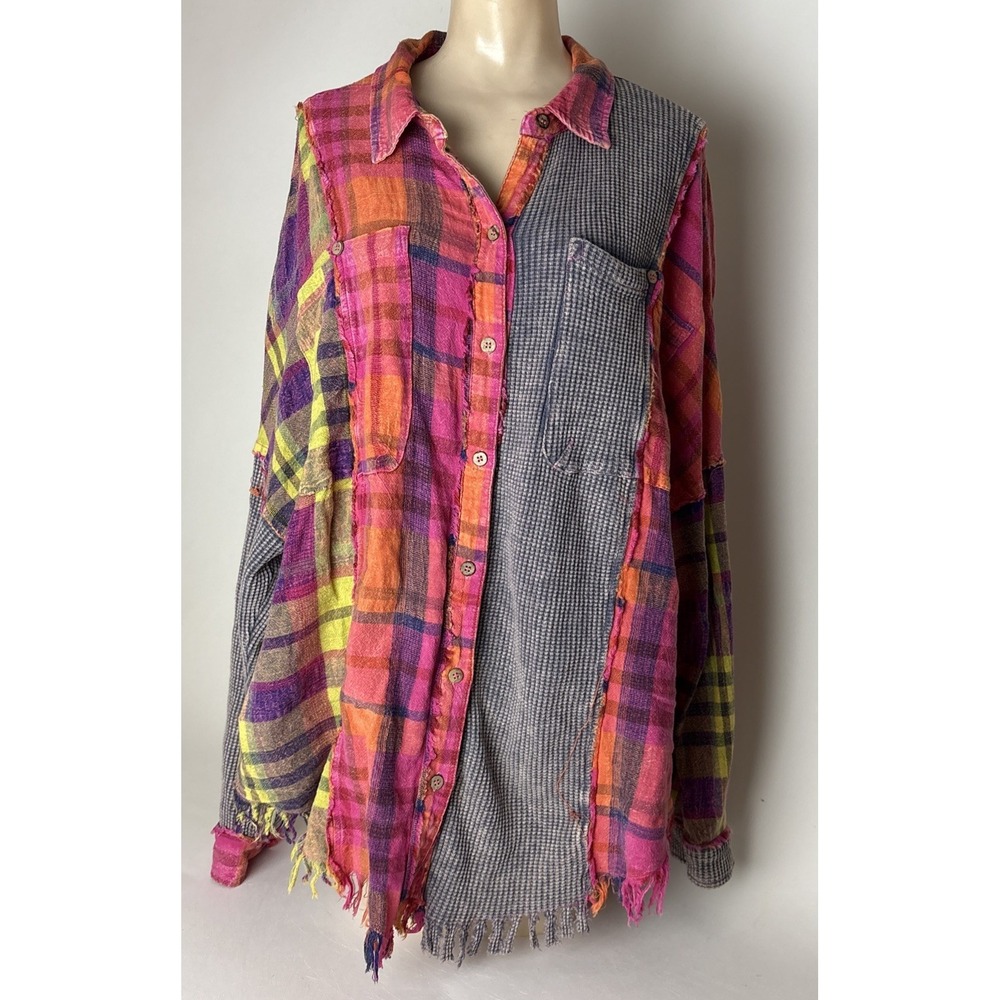 Oli & Hali Womens Patchwork Plaid Waffle Knit Button Down Shirt size Large
